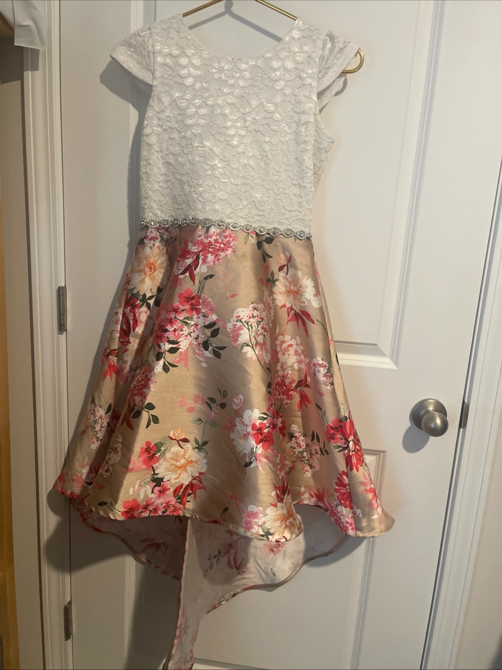 White Lace Top & Gold Floral High-Low Kids Dress 16 Rhinestone Waist Crinoline